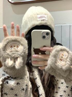 可爱卡通动物手套女冬季加绒加厚保暖防风防寒毛绒猫爪手套女士棉