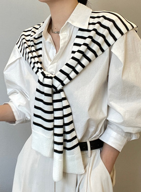 韩版条纹小披肩含羊毛女外搭春夏薄款网红空调房打结搭肩针织坎肩