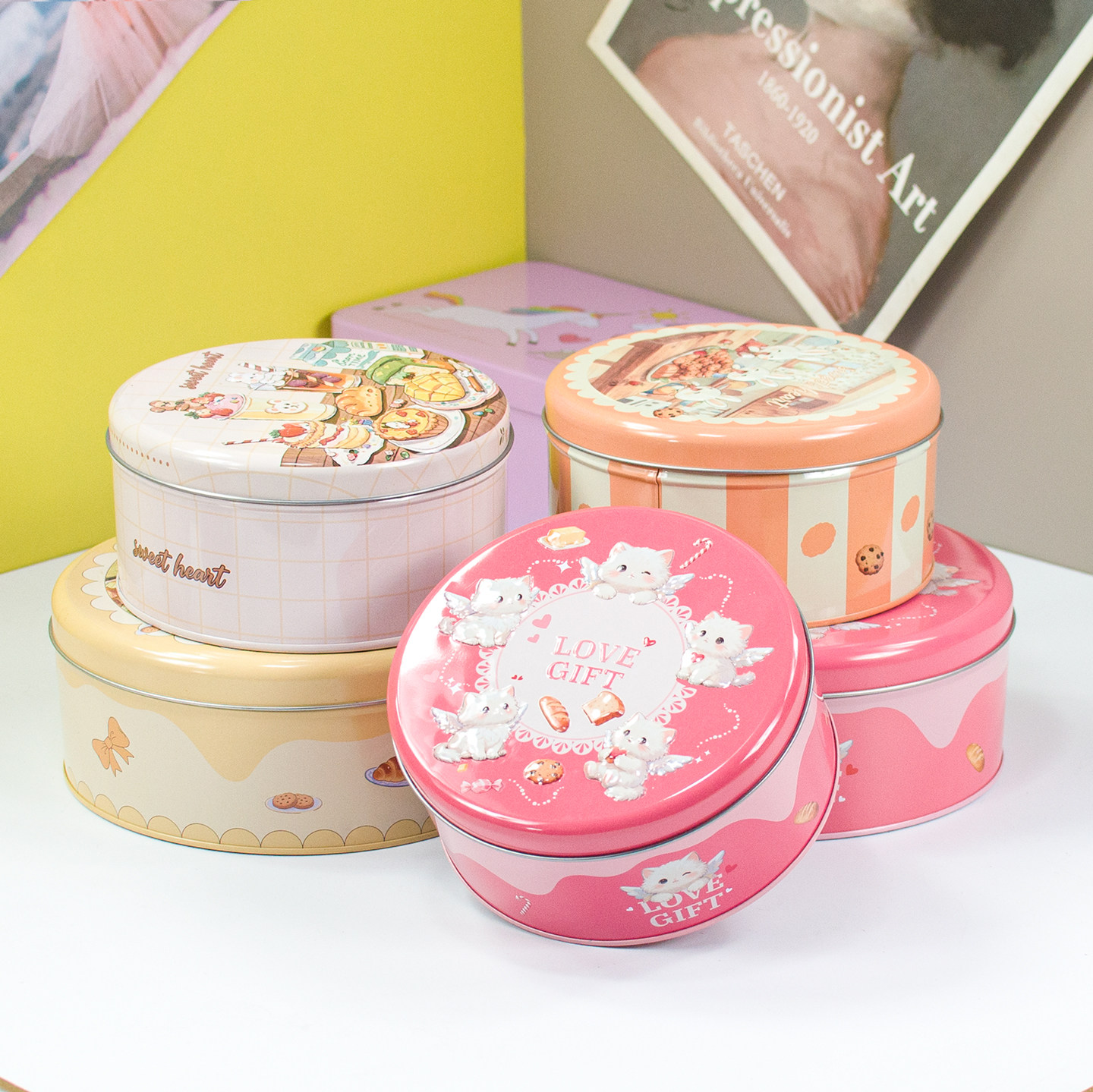 卡通圆形铁罐曲奇饼干糖果太妃糖雪花酥礼品马口铁包装空盒子