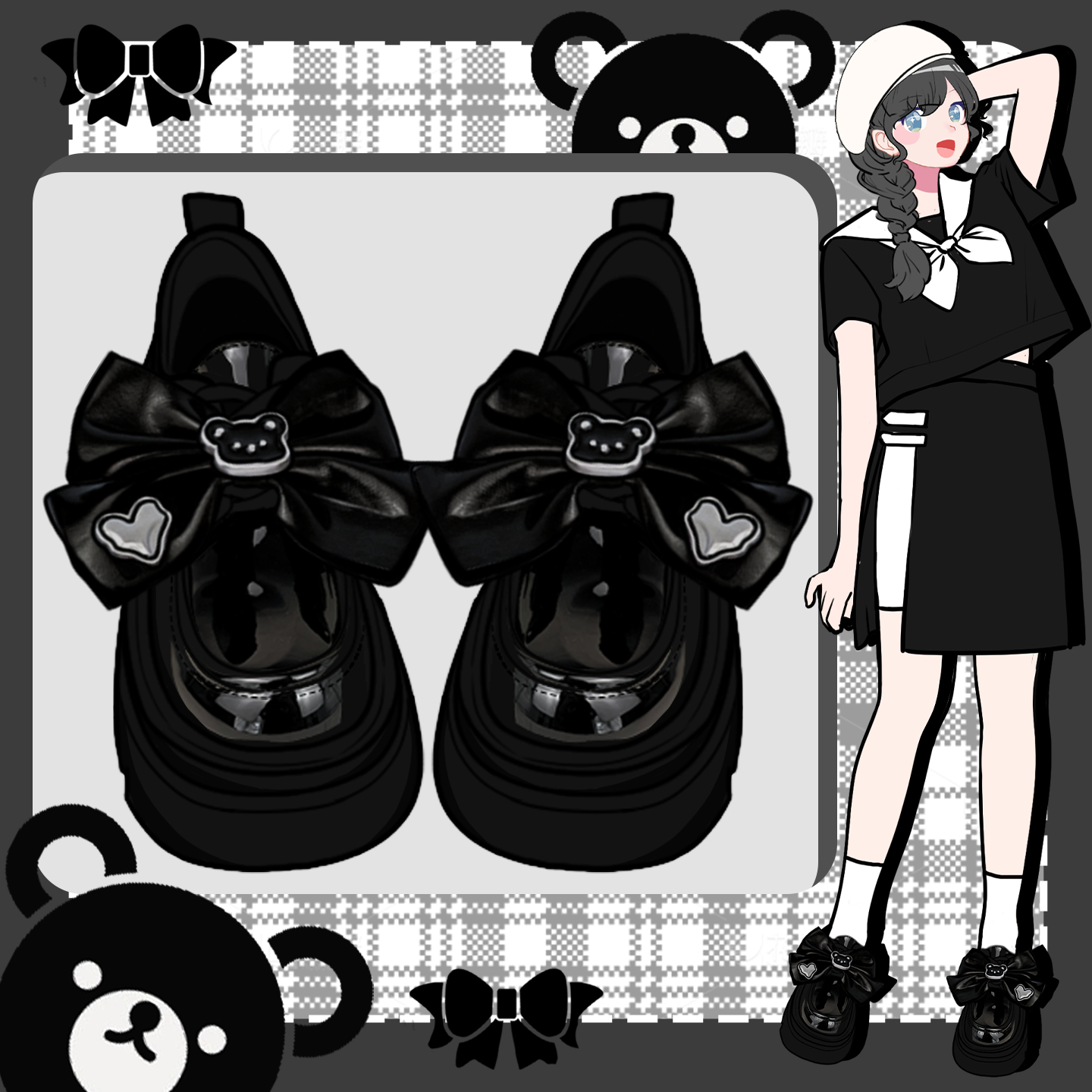 亮面黑色厚底增高小皮鞋