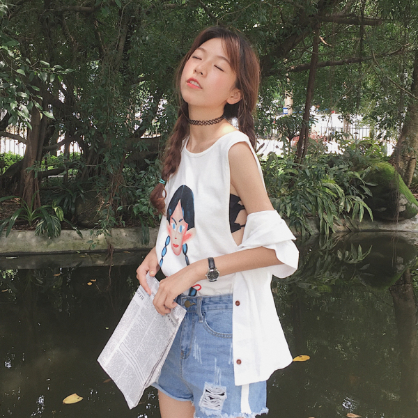 实拍 无袖印花背心T恤 小心机大袖口学生上衣