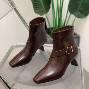 时尚秀气温柔方头细跟瘦瘦靴女2025秋冬新款增高配裙子百搭短靴