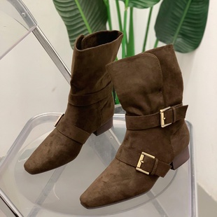 复古风方头骑士靴女2025年冬季 皮带扣中筒靴两穿绒面粗跟马丁靴子