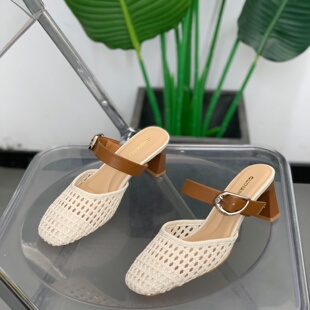 粗跟气质一脚蹬小个子半拖鞋 新款 子 女2026年夏季 编织镂空包头凉鞋