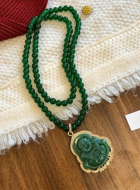 祖母绿串珠项链佛像龙牌吊坠女长款复古简约百搭毛衣链配饰挂件潮