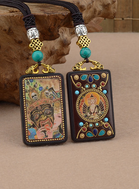 新中式国风唐装复古五路财神黑檀木佛牌男女吊坠毛衣链高级感挂绳