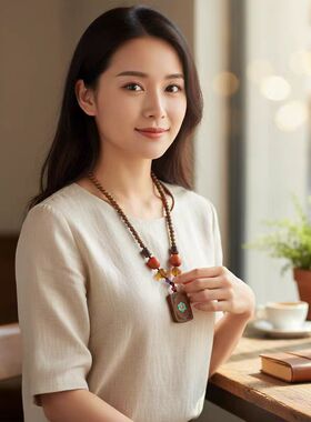 新中式国风旗袍唐装男女复古民族风项链高级感长款毛衣链木珠配饰