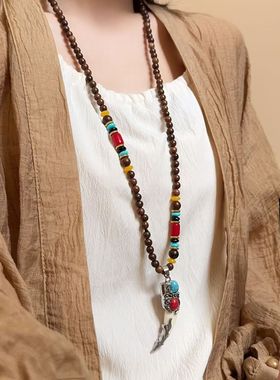 霸气狼牙吊坠国风长款木珠佛珠戴脖子项链男女唐装配饰挂件新中式