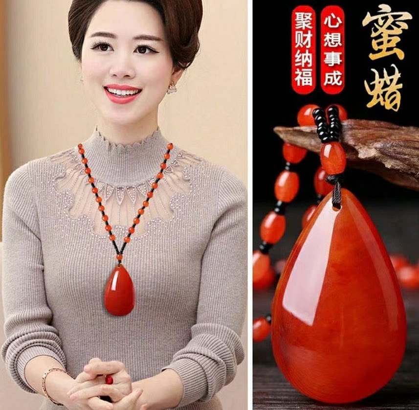 蜜蜡水滴吊坠长款佛珠项链女棉麻衣服挂坠挂件秋冬裙子配饰民族风