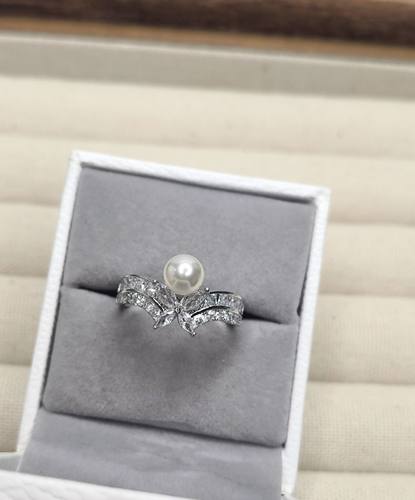 施家华子珍珠锆石开口戒指