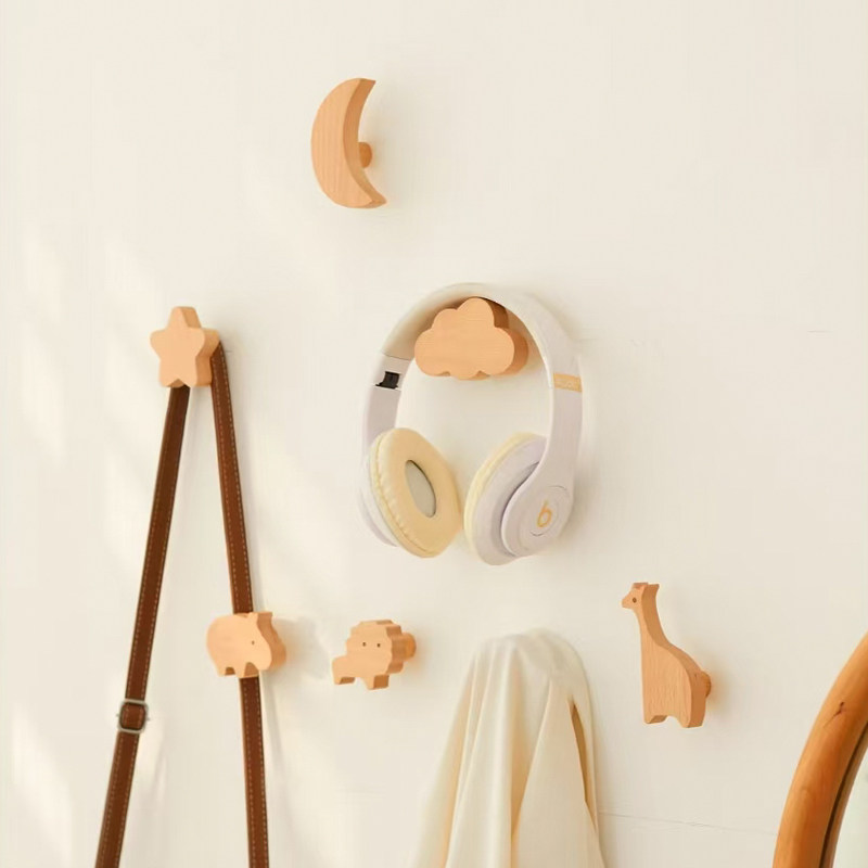 儿童原木创意卡通可爱挂钩免打孔