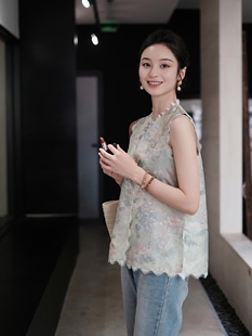 盛唐牡丹新中式 真丝绡如意湖亭蕾丝马甲拍下改价1580 2023夏季