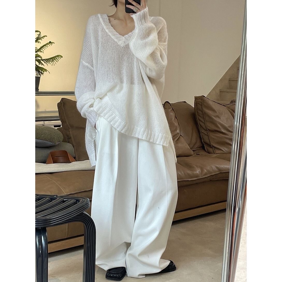 慵懒风V领韩版毛衣女中长款2024早春新款宽松罩衫显瘦内搭针织衫