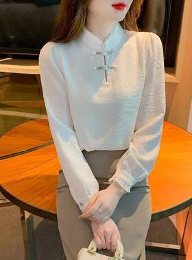 2025年春季新款国风盘扣长袖女衬衫中国风高档时髦设计感洋气