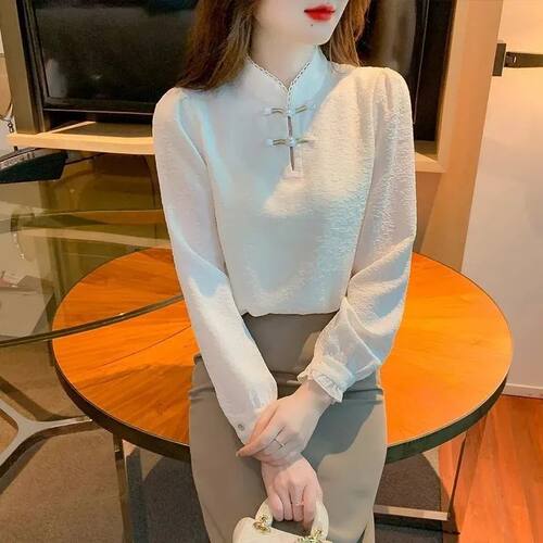 2025年春季新款国风盘扣长袖女衬衫中国风高档时髦设计感洋气