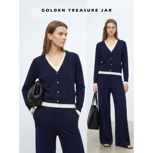Treasure 套装 Jar 阔腿裤 春秋 藏青色假两件V领羊毛针织衫 Golden