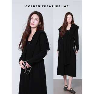 可拆卸披肩羊毛针织连衣裙女秋冬长裙小黑裙 Jar Golden Treasure