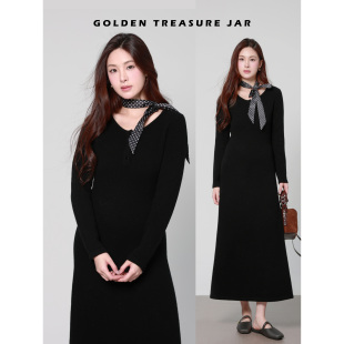气质修身 Jar 羊毛针织连衣裙女秋冬显瘦黑色长裙 Treasure Golden