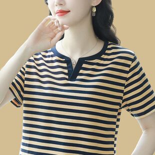 半袖 纯棉条纹短袖 遮肚子上衣2025年新款 宽松大码 中年妈妈 T恤女装