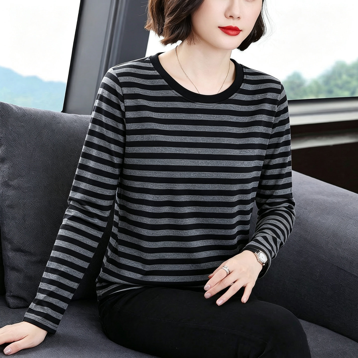 棉质长袖t恤女2026春秋上衣条纹新款显瘦打底衫胖妈妈装宽松大码