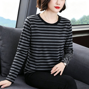 棉质长袖t恤女2026春秋上衣条纹新款显瘦打底衫胖妈妈装宽松大码