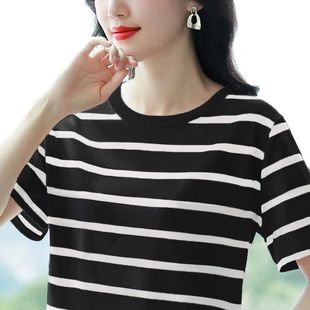 纯棉条纹短袖t恤女装新款夏天韩版宽松大码遮肉圆领上衣洋气半袖