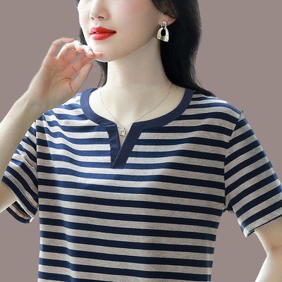 纯棉短袖T恤女装夏季2025新款条纹宽松大码显瘦上衣半袖洋气妈妈