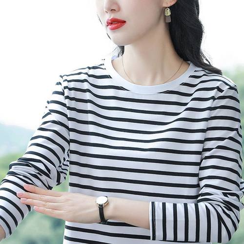 纯棉条纹长袖t恤女上衣2026春装新款中年妈妈打底衫宽松大码遮肚
