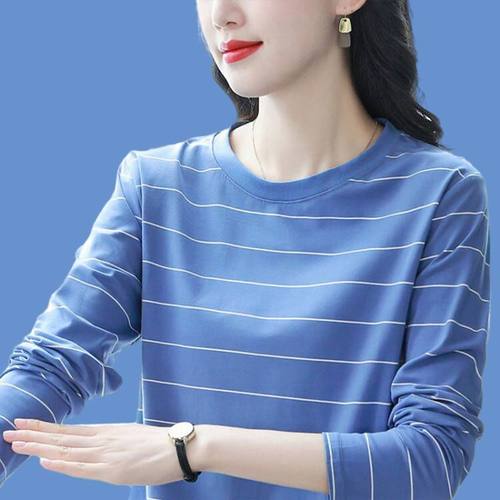 新款纯棉长袖T恤女春秋宽松大码条纹中年妈妈上衣打底衫秋衣外穿