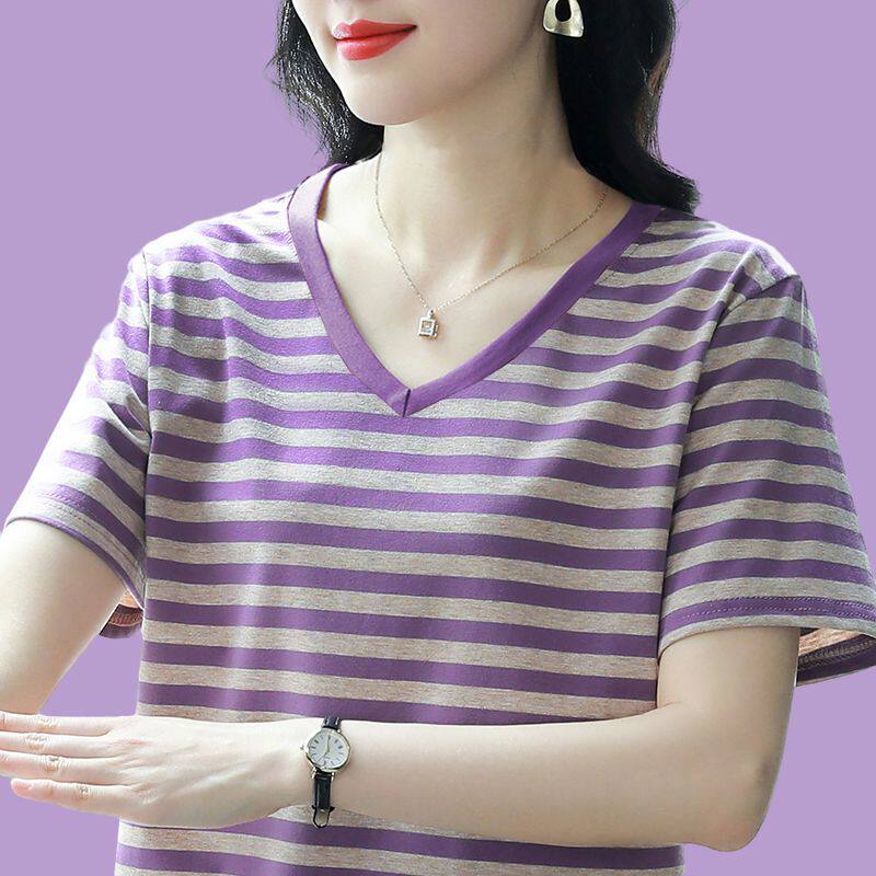 纯棉短袖t恤女新款夏季大码条纹宽松上衣半袖体恤衫气质妈妈遮肚