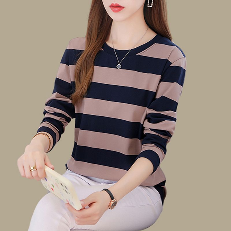 2023新款秋装宽松大码打底衫纯棉长袖t恤女秋衣外穿条纹高档上衣