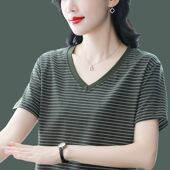 t恤女新款 夏装 大码 纯棉短袖 条纹宽松半袖 体恤中年妈妈显瘦上衣服