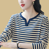 宽松大码 新款 打底衫 T恤女秋装 条纹气质妈妈上衣秋衣外穿 纯棉长袖
