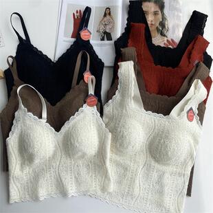 优雅气质轻薄一体杯免穿文胸二合一蕾丝高弹吊带背心打底秋冬内搭
