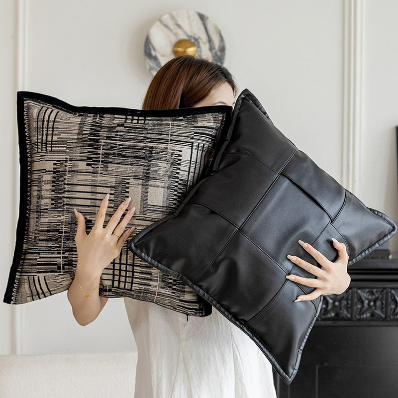 新款意式黑白双层飞边沙发抱枕套轻奢皮质方格编织客厅腰枕靠垫,居家布艺,靠垫/抱枕,淘宝优惠券,粉丝福利购,淘宝优惠卷