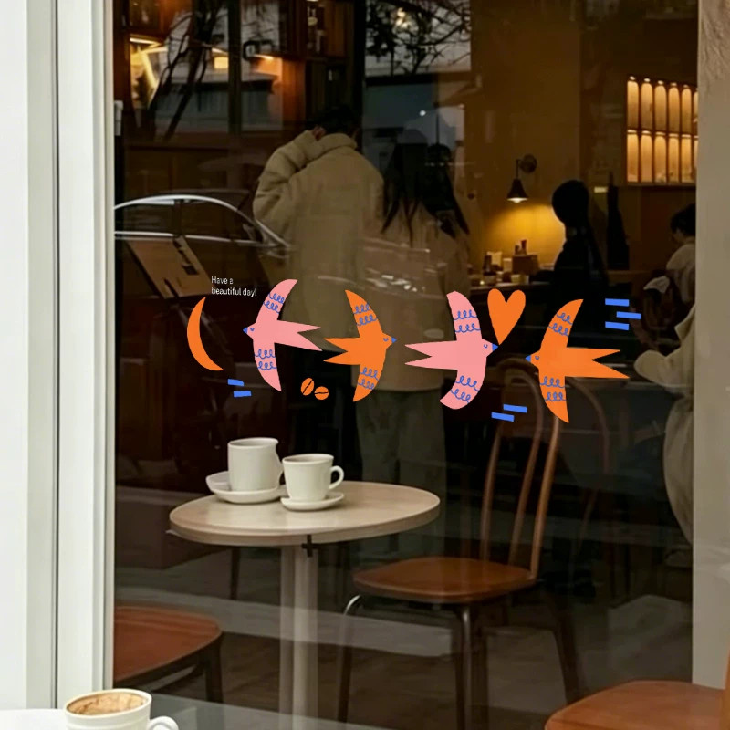 飞鸟图案主题玻璃门防撞贴纸咖啡店餐厅橱窗装饰贴膜静电窗花贴