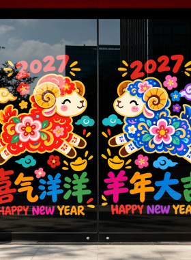 2027羊年卡通元宝静电玻璃贴