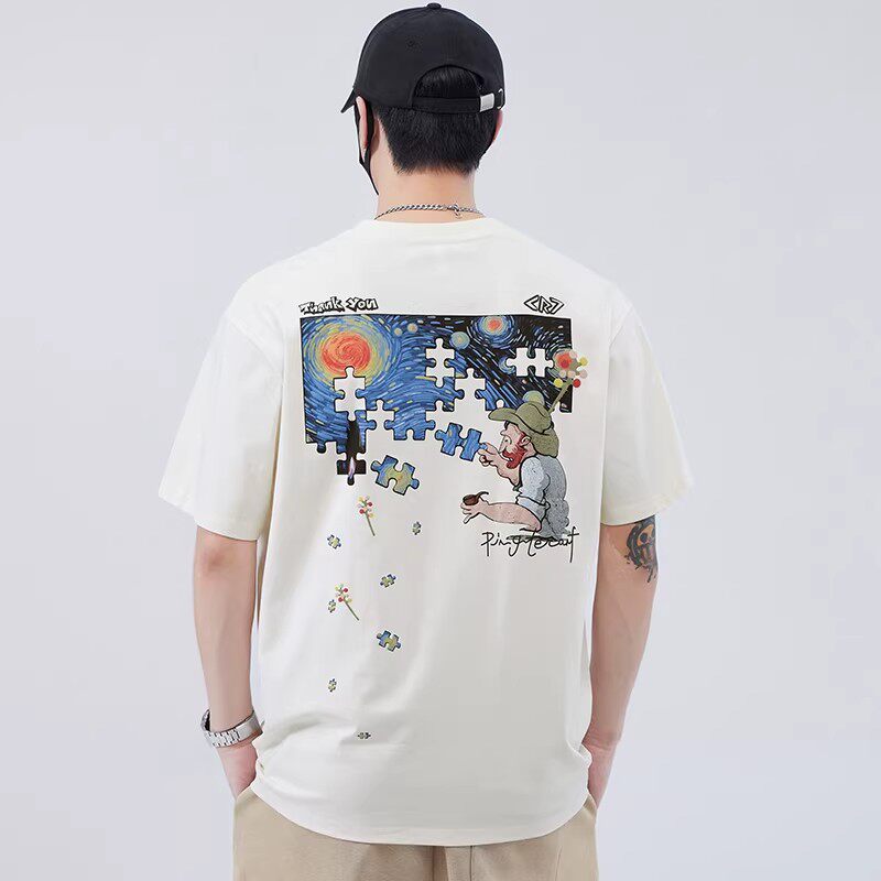 刺绣短袖t恤男士2026新款夏季装美式潮牌印花宽松半袖体恤男薄款