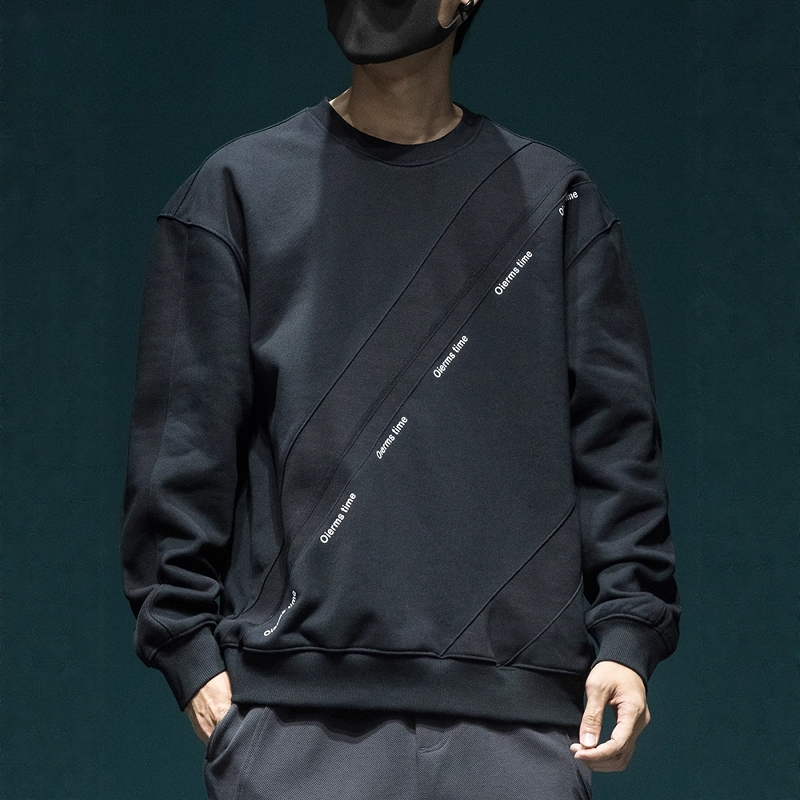 设计感美式重磅拼接卫衣男春秋新款加肥加大码打底衫圆领宽松上衣