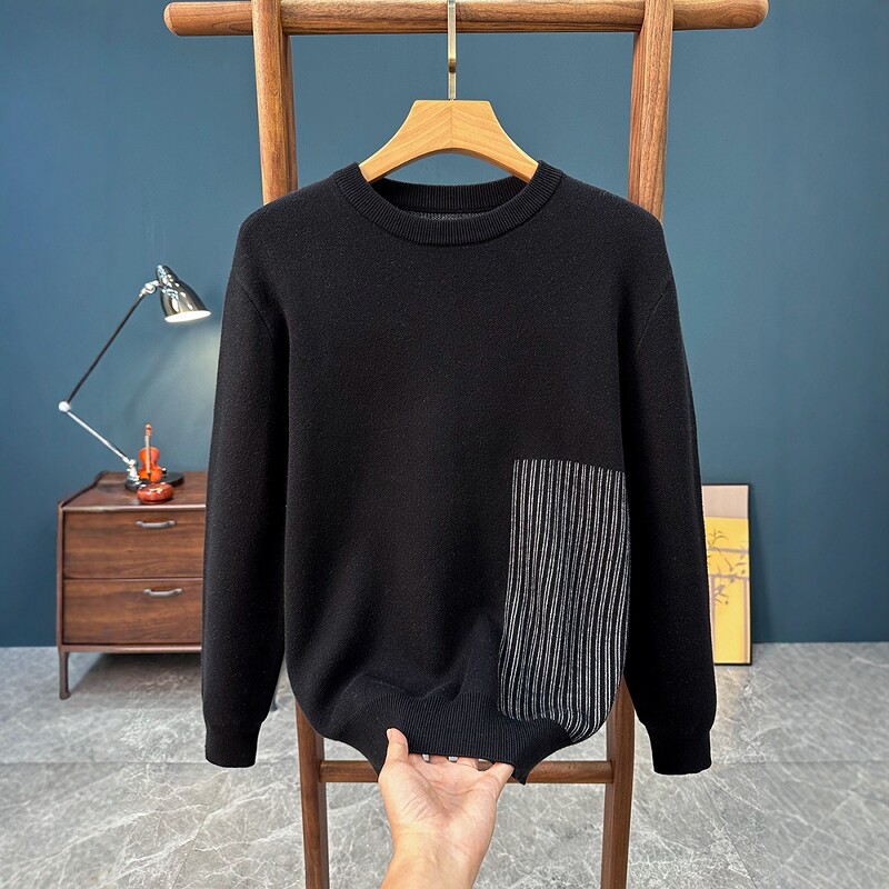 青少年高级感黑色提花圆领毛衣男士2025秋冬季新款潮流毛衫针织衫