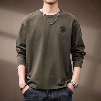 高端美式复古重磅刺绣长袖T恤男