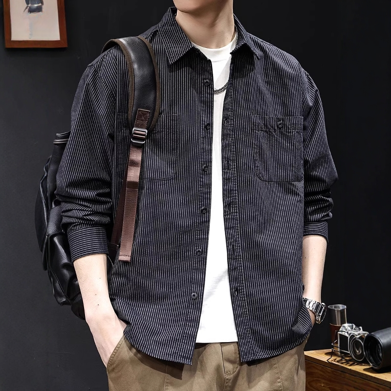 黑色条纹衬衫男秋季2025新款高级感外套长袖纯棉衣服百搭大码春秋