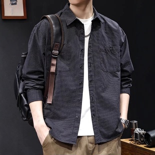 黑色条纹衬衫男秋季2025新款高级感外套长袖纯棉衣服百搭大码春秋