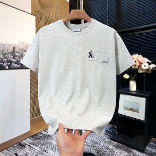 打底刺绣重磅纯棉夏季短袖T恤男款宽松白色圆领美式体恤上衣5分袖