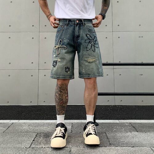高端美式拼接涂鸦破洞牛仔短裤男