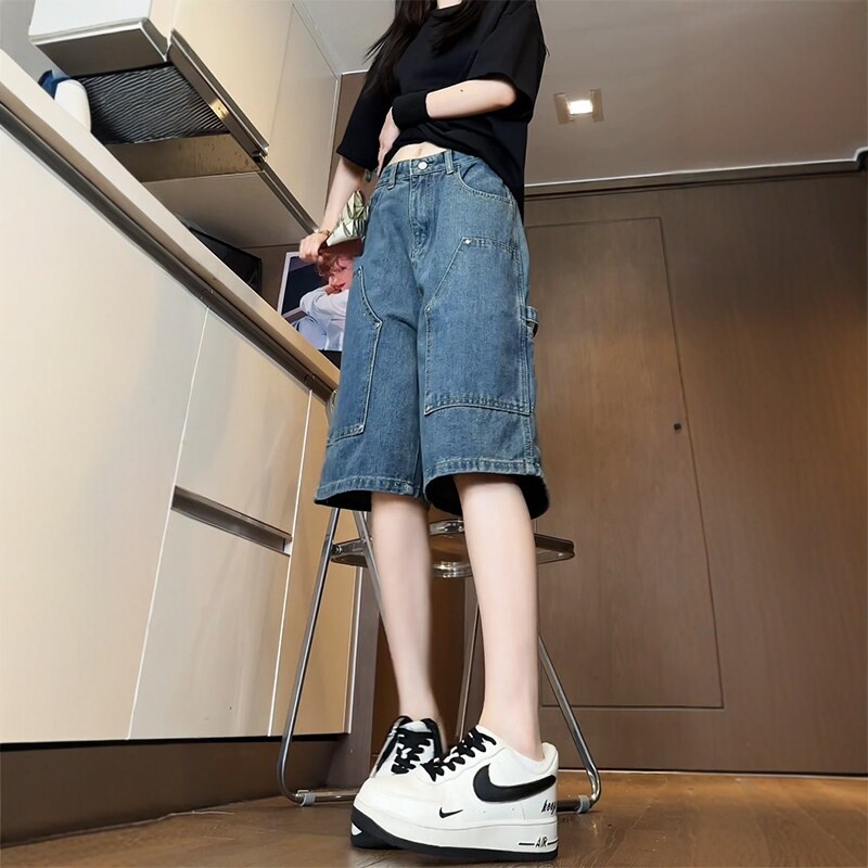 胖mm美式工装牛仔短裤女2026新款夏季大码宽松显瘦中裤过膝五分裤