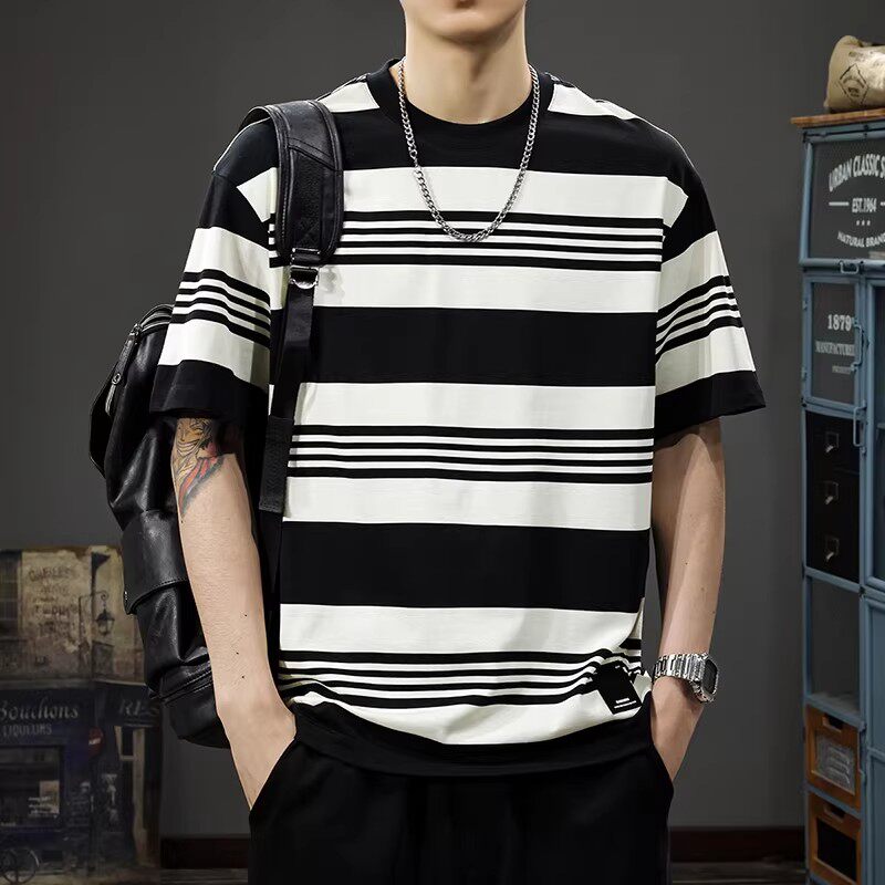 夏季潮牌撞色条纹短袖t恤男宽松大码半袖海魂衫美式圆领五分体恤T