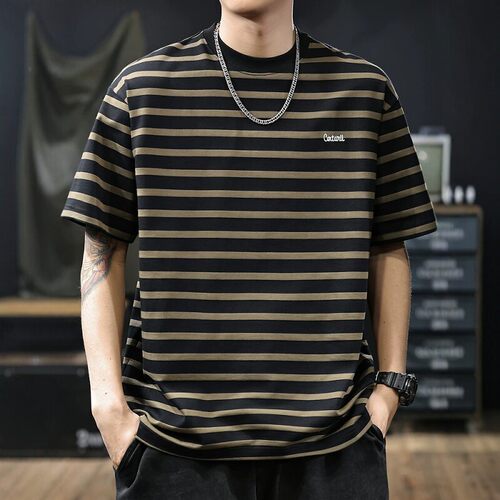 重磅纯棉美式条纹短袖T恤男士