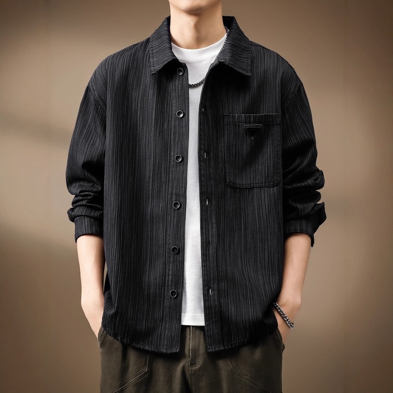 高级感日系竹节纹衬衫外套男士秋季宽松新款复古上衣工装长袖衬衣