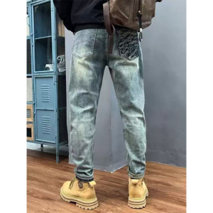 秋季新款潮牌刺绣弹力牛仔裤男士修身小脚裤百搭哈伦复古九分裤子
